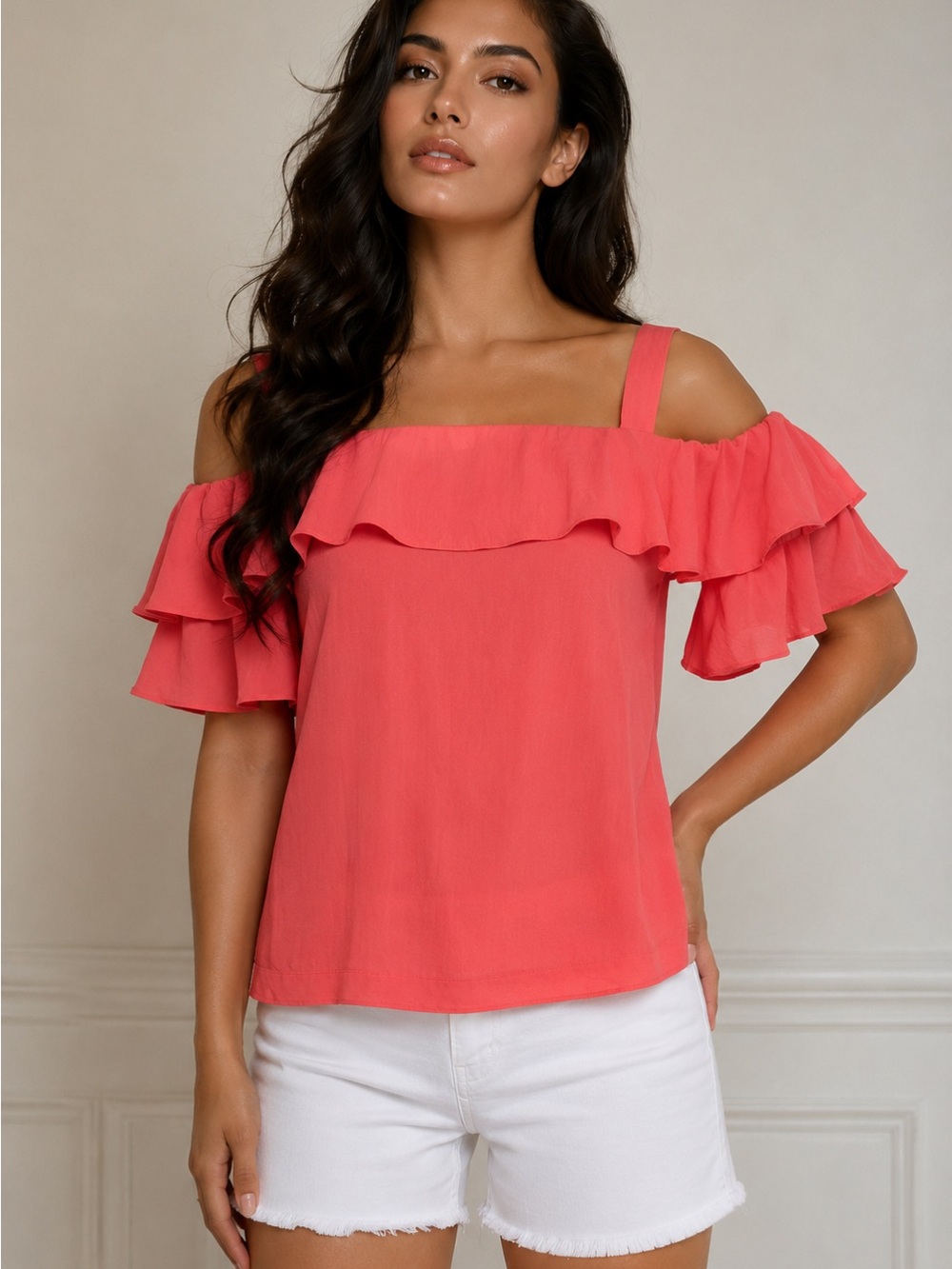 J. Crew Coral Off-Shoulder Ruffle Blouse